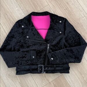 Black Velvet Women's Jacket with Pink Lining and Removable Belt